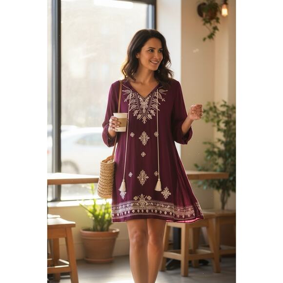 Entro Tunic Womens Fuchsia Bell Sleeve Embroidered Long Sleeve Top Tasseled M - Picture 1 of 8